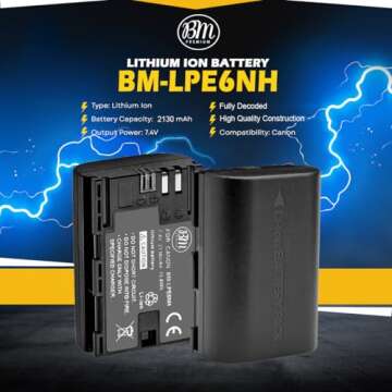 BM Premium LP-E6NH High Capacity Battery for Canon EOS R, EOS R5, EOS R6, EOS R6 II, EOS R7, EOS 90D...