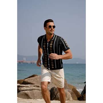 GRACE KARIN Men’s Stripe Knit Soft Shirts Cuban Button Breathable Knit Polo Shirts Black S