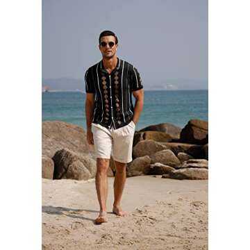 GRACE KARIN Men’s Stripe Knit Soft Shirts Cuban Button Breathable Knit Polo Shirts Black S