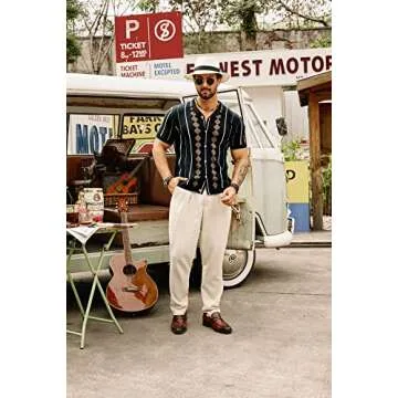 GRACE KARIN Men’s Stripe Knit Soft Shirts Cuban Button Breathable Knit Polo Shirts Black S