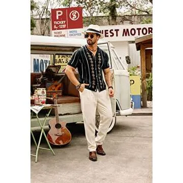 GRACE KARIN Men’s Stripe Knit Soft Shirts Cuban Button Breathable Knit Polo Shirts Black S