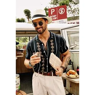 GRACE KARIN Men’s Stripe Knit Soft Shirts Cuban Button Breathable Knit Polo Shirts Black S