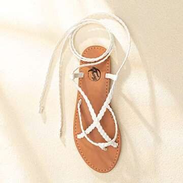 Trary White Strappy Sandals for Women Summer Lace Up Gladiator Sandals Cute Open Toe Braided Tie Up Sandals for Women Casual Dressy Flat Sandals Wrap Ankle Strap Wedding Bridesmaid Shoes