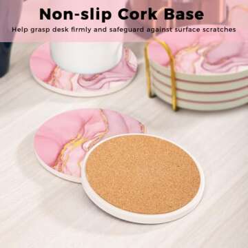ALSNWNZ Pink Coasters Set of 6, Absorbent Coasters with Gold Holder, Ceramic Coasters for Drinks with Cork Backing, Drink Coasters for Table Home Kitchen Housewarming Gift