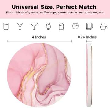 ALSNWNZ Pink Coasters Set of 6, Absorbent Coasters with Gold Holder, Ceramic Coasters for Drinks with Cork Backing, Drink Coasters for Table Home Kitchen Housewarming Gift