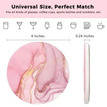 ALSNWNZ Pink Coasters Set of 6, Absorbent Coasters with Gold Holder, Ceramic Coasters for Drinks with Cork Backing, Drink Coasters for Table Home Kitchen Housewarming Gift