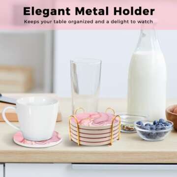 ALSNWNZ Pink Coasters Set of 6, Absorbent Coasters with Gold Holder, Ceramic Coasters for Drinks with Cork Backing, Drink Coasters for Table Home Kitchen Housewarming Gift