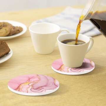 ALSNWNZ Pink Coasters Set of 6, Absorbent Coasters with Gold Holder, Ceramic Coasters for Drinks with Cork Backing, Drink Coasters for Table Home Kitchen Housewarming Gift