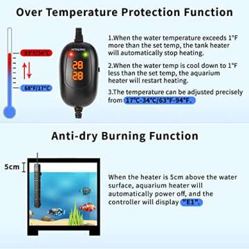 HiTauing Aquarium Heater, 50W/100W/200W/300W/500W Submersible Fish Tank Heater with Over-Temperature...