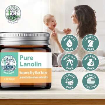 GLASS JAR | 100% Pure All Natural Anhydrous Lanolin USP US Pharmacopeia Grade | Nipple Care and All Purpose Skin Balm, Dry Itchy Skin Relief | SUSTAINABLE Glass Jar | Single Ingredient | 2oz