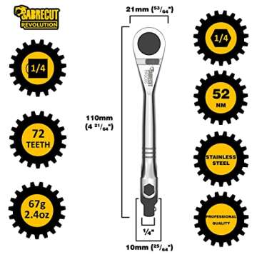 SabreCut 1 x MRSC05 Mini Micro Ratchet Adjustable 1/4" Square Drive Stainless Steel Professional 72 Tooth Gear Hand Ratchet Wrench