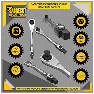 SabreCut 1 x MRSC05 Mini Micro Ratchet Adjustable 1/4" Square Drive Stainless Steel Professional 72 Tooth Gear Hand Ratchet Wrench