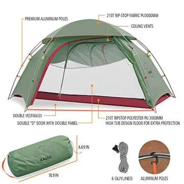 KAZOO Lightweight Backpacking Tent 2 Person Waterproof Camping Tents 2 People Hiking Tents Two Person Aluminum Poles Double Layer