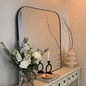 VANA NALA 34x40'' Large Matt Black Arched Mantel Mirror Rounded Corner Wall Mirror for Bathroom, Living Room or Powder Room