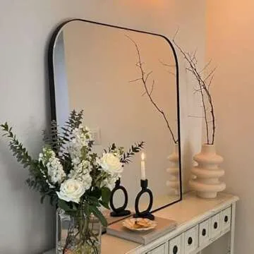 VANA NALA 34x40'' Large Matt Black Arched Mantel Mirror Rounded Corner Wall Mirror for Bathroom, Living Room or Powder Room