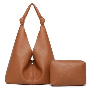 Chic Vegan Leather Hobo Bag Set with Small Purse in Cognac