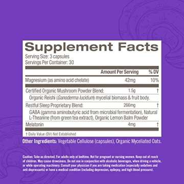 OM MUSHROOM SUPERFOOD Sleep Mushroom Capsules Superfood Supplement, 90 Count, 30 Days, Reishi, GABA, L-Theanine, Melatonin for Rest & Sleep Quality Superfood Supplement