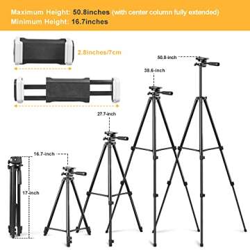 Phone Tripod, 50” Extendable Adjustable Smartphone & Tablet Tripod Stand with Phone Holder Mount & Remote, Compatible with Tablet/Cell Phone/Camera