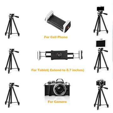 Phone Tripod, 50” Extendable Adjustable Smartphone & Tablet Tripod Stand with Phone Holder Mount & Remote, Compatible with Tablet/Cell Phone/Camera