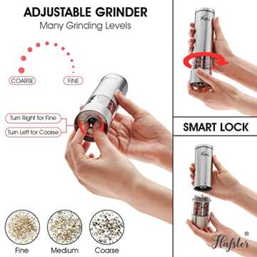 Premium Electric Salt and Pepper Grinder Set with Adjustable Coarseness, Battery-Operated Stainless Steel Design, One-Hand Operation, LED Light, and Spill-Proof Base – Ideal for Kitchen and Dining​
