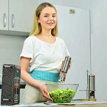 Premium Electric Salt and Pepper Grinder Set with Adjustable Coarseness, Battery-Operated Stainless Steel Design, One-Hand Operation, LED Light, and Spill-Proof Base – Ideal for Kitchen and Dining​