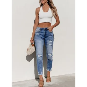 Sidefeel Women's High Waisted Ripped Denim Pants