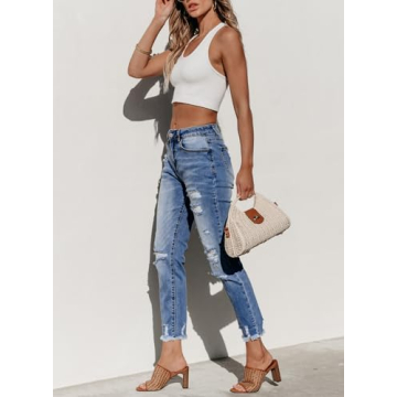 Sidefeel Women's High Waisted Ripped Denim Pants