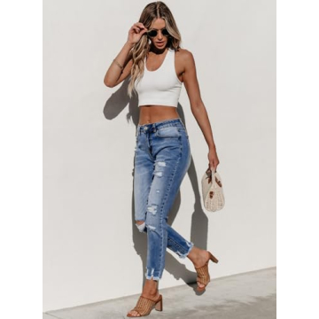 Sidefeel Women's High Waisted Ripped Denim Pants