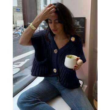 Bgylu Women's Sleeveless Chunky Knit Top Casual Cropped Button Down Sweater Vest Open Front Cardigan with Pockets (Navy-S)