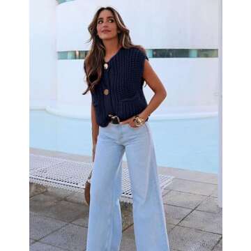 Bgylu Women's Sleeveless Chunky Knit Top Casual Cropped Button Down Sweater Vest Open Front Cardigan with Pockets (Navy-S)