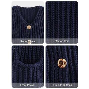 Bgylu Women's Sleeveless Chunky Knit Top Casual Cropped Button Down Sweater Vest Open Front Cardigan with Pockets (Navy-S)