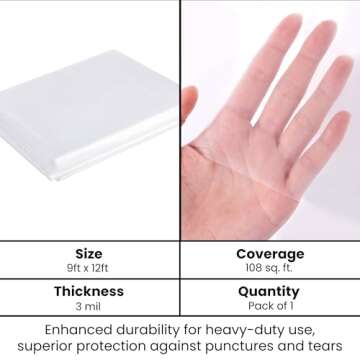 VicMore Heavy-Duty Plastic Drop Cloth - Water & Dustproof, Odorless Plastic Sheet for Painting, Renovations, DIY Projects - Strong Paint Tarp with 3mil Thickness - Floor Covering & Dust Cover - 9’x12