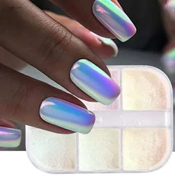 6 Grids Chrome Nail Powder Metallic Mirror Effect Pigment Aurora Nail Glitter Holographic Iridescent Dipping Rub Powder Manicure Design Pearl Shell Gel Polish Dust Sparkly Nail Charms