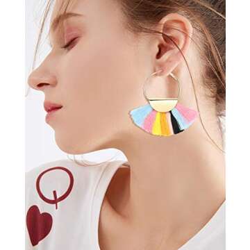 Finrezio 2 Pairs Women's Beaded Tassel Earrings Long Fringe Drop Bohemian Dangle Earrings (Color B:Blue and White Tassel Earrings) (Rainbow)