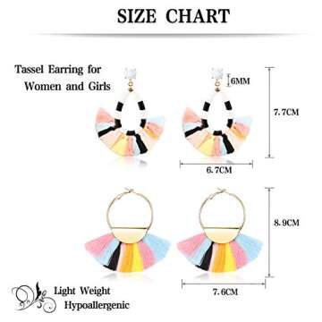 Finrezio 2 Pairs Women's Beaded Tassel Earrings Long Fringe Drop Bohemian Dangle Earrings (Color B:Blue and White Tassel Earrings) (Rainbow)