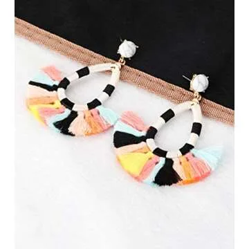 Finrezio 2 Pairs Women's Beaded Tassel Earrings Long Fringe Drop Bohemian Dangle Earrings (Color B:Blue and White Tassel Earrings) (Rainbow)