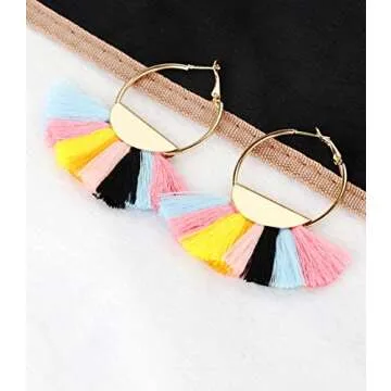 Finrezio 2 Pairs Women's Beaded Tassel Earrings Long Fringe Drop Bohemian Dangle Earrings (Color B:Blue and White Tassel Earrings) (Rainbow)