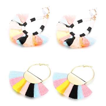 Finrezio 2 Pairs Women's Beaded Tassel Earrings Long Fringe Drop Bohemian Dangle Earrings (Color B:Blue and White Tassel Earrings) (Rainbow)