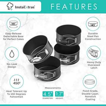 4-Inch Springform Cake Pan Set - Pack Of 4 4.5in Round Steel Baking Pans, Small Spring Form Nonstick Tin With Leakproof Removable Metal Bottom For Four Inch Smash Cake, Individual Pie, Mini Cheesecake