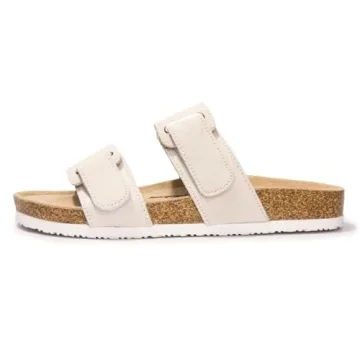 FUNKYMONKEY Unisex Slide Sandals Adjustable Double Buckle with Soft Footbed Comfort Slides for Women and Men (7 W/5.5 M, Beige-BS)