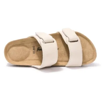 FUNKYMONKEY Unisex Slide Sandals Adjustable Double Buckle with Soft Footbed Comfort Slides for Women and Men (7 W/5.5 M, Beige-BS)