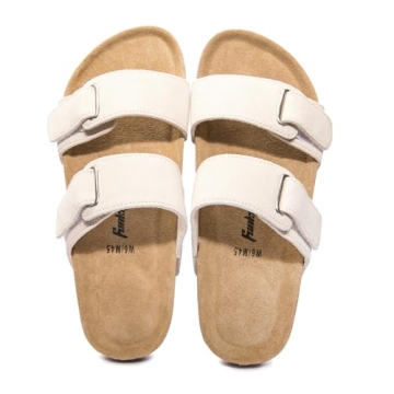 FUNKYMONKEY Unisex Slide Sandals Adjustable Double Buckle with Soft Footbed Comfort Slides for Women and Men (7 W/5.5 M, Beige-BS)