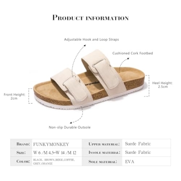 FUNKYMONKEY Unisex Slide Sandals Adjustable Double Buckle with Soft Footbed Comfort Slides for Women and Men (7 W/5.5 M, Beige-BS)