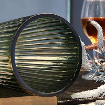 Dinyeo Small Cylinder Ribbed Green Glass Flower Vase for Farmhouse Dining Table Centerpieces Decor