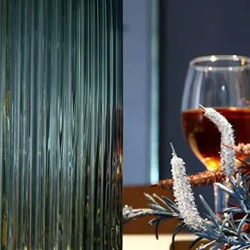 Dinyeo Small Cylinder Ribbed Green Glass Flower Vase for Farmhouse Dining Table Centerpieces Decor