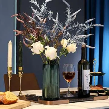 Dinyeo Small Cylinder Ribbed Green Glass Flower Vase for Farmhouse Dining Table Centerpieces Decor