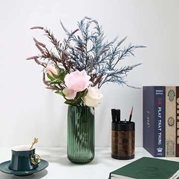 Dinyeo Small Cylinder Ribbed Green Glass Flower Vase for Farmhouse Dining Table Centerpieces Decor