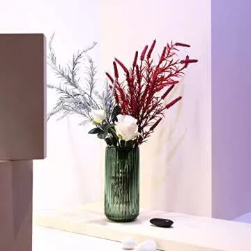 Dinyeo Small Cylinder Ribbed Green Glass Flower Vase for Farmhouse Dining Table Centerpieces Decor