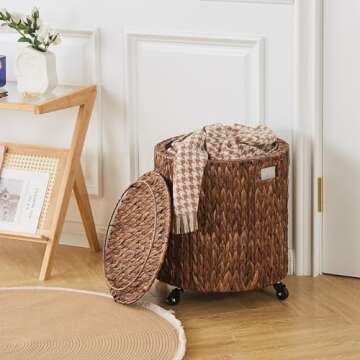 Wimarsbon Vintage Storage Basket, Multipurpose Rolling Hamper With Brakable Wheels and Lid, Braid Laundry Bin, Handwave Clothes Toy Organizer Tote for Living Room