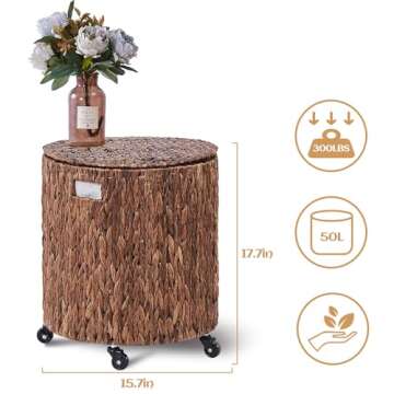 Wimarsbon Vintage Storage Basket, Multipurpose Rolling Hamper With Brakable Wheels and Lid, Braid Laundry Bin, Handwave Clothes Toy Organizer Tote for Living Room